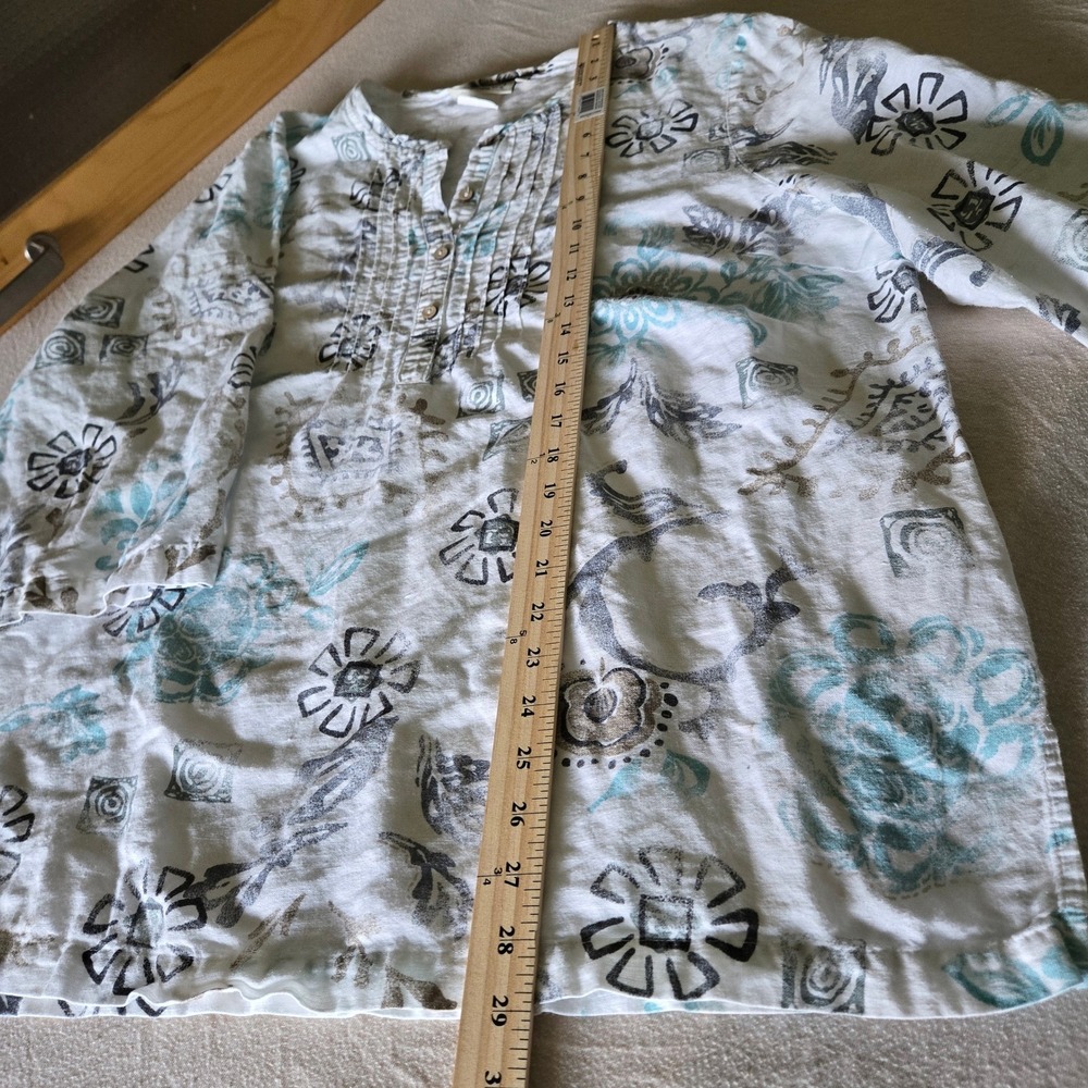 Orchadia Tunic Womens 1X White Blue Linen Blend Floral Pintuck Henley - Picture 4 of 6